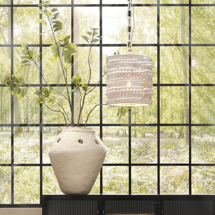 White Hand-Carved Mango Wood Beaded Pendant Light
