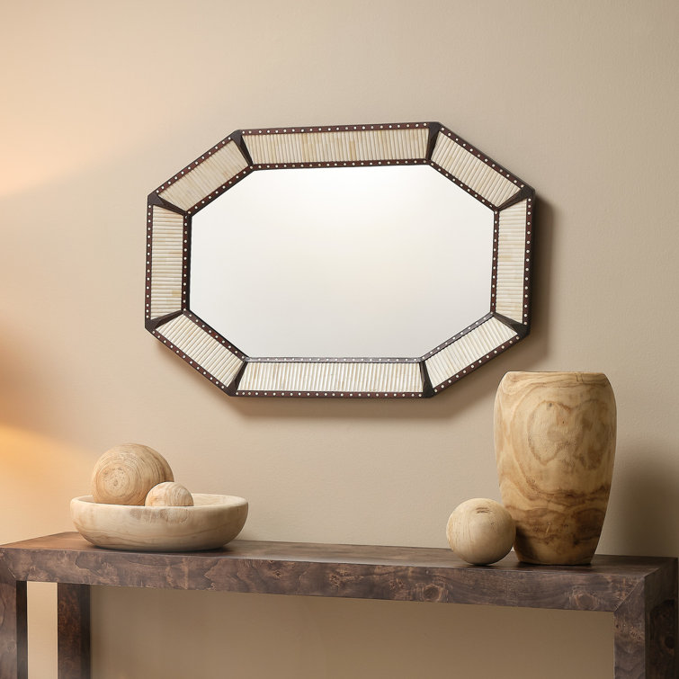 Octagonal Mango Wood and Bone Inlay Wall Mirror