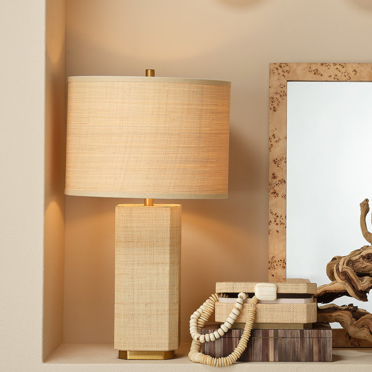 Natural Raffia Table Lamp with Brass Base and Drum Shade
