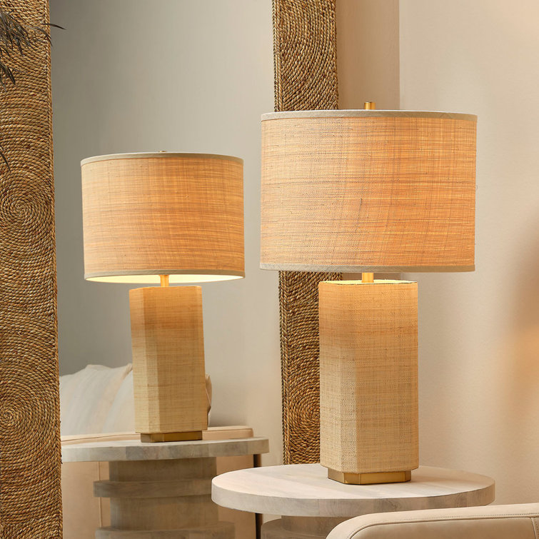 Natural Raffia Table Lamp with Brass Base and Drum Shade
