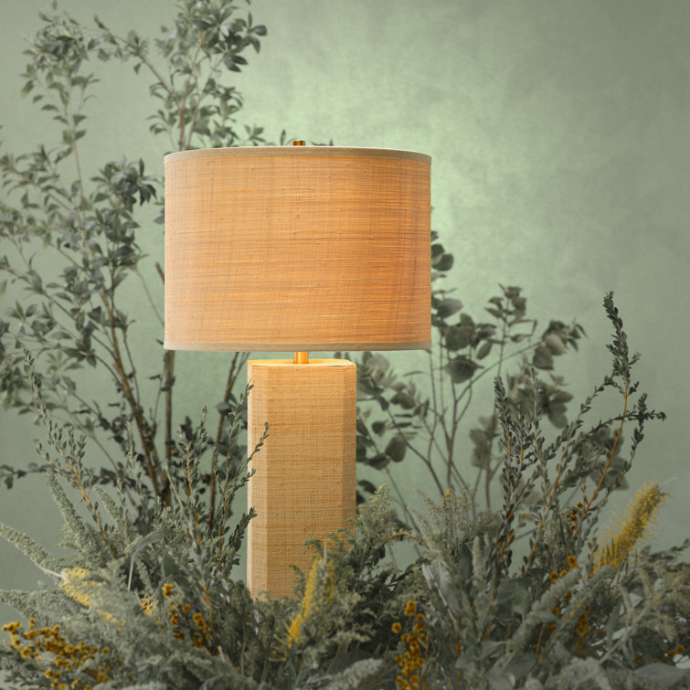 Natural Raffia Table Lamp with Brass Base and Drum Shade