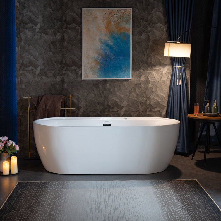 72" White Acrylic Freestanding Whirlpool Tub with Matte Black Trim