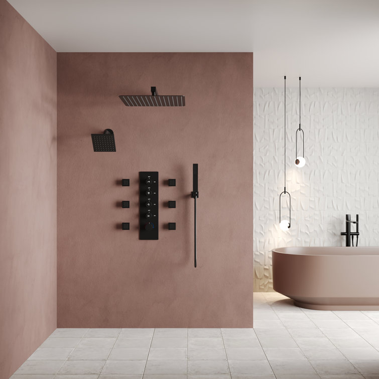 Matte Black Dual Shower Head System with Thermostatic Valve and Body Jets