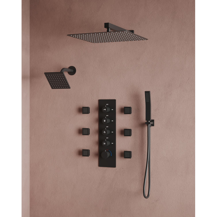 Matte Black Dual Shower Head System with Thermostatic Valve and Body Jets