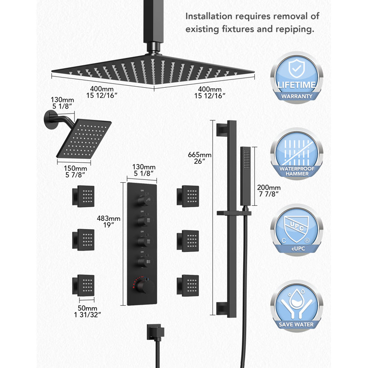 Matte Black Dual Shower System with Adjustable Body Jets