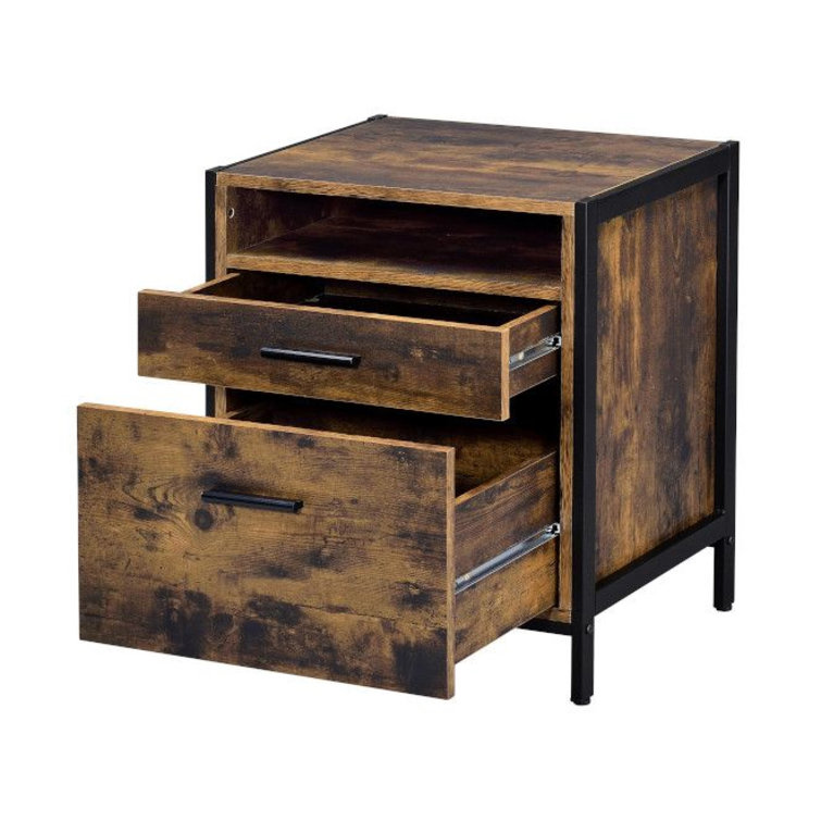 Rustic Oak and Black 2-Drawer Industrial Nightstand