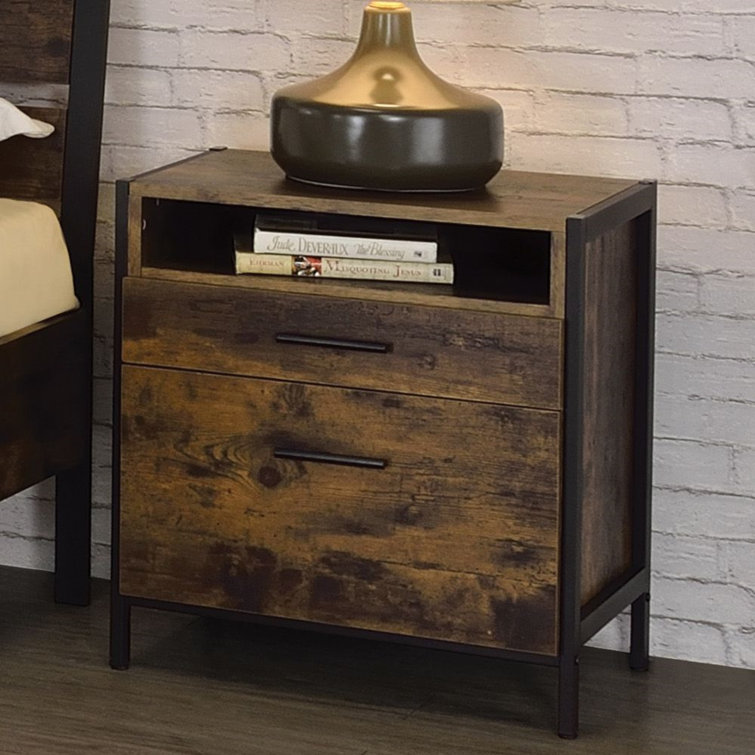 Rustic Oak and Black 2-Drawer Industrial Nightstand