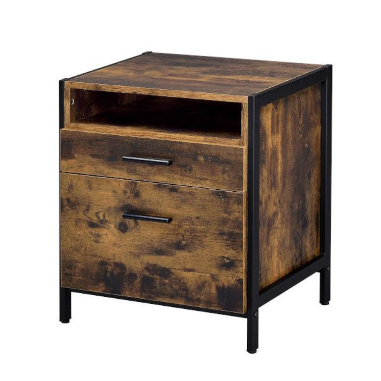 Rustic Oak and Black 2-Drawer Industrial Nightstand