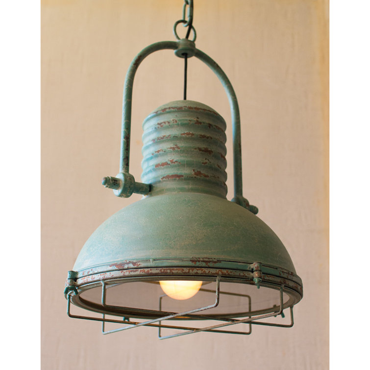 Antique Turquoise Glass and Steel Farmhouse Pendant Light
