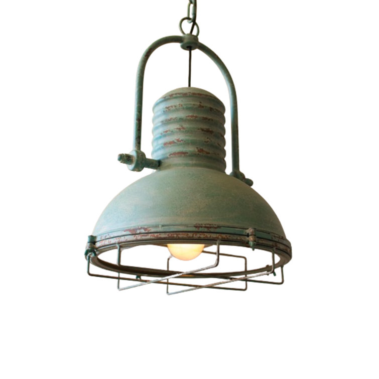Antique Turquoise Glass and Steel Farmhouse Pendant Light