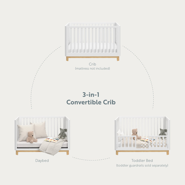 White and Natural 3-in-1 Convertible Crib with Rounded Posts