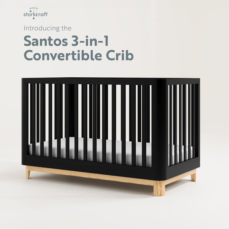 Black and Natural 3-in-1 Convertible Baby Crib with Rounded Posts