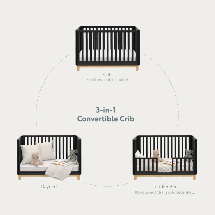 Black and Natural 3-in-1 Convertible Baby Crib with Rounded Posts