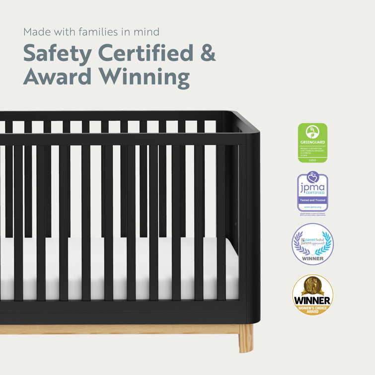 Black and Natural 3-in-1 Convertible Baby Crib with Rounded Posts