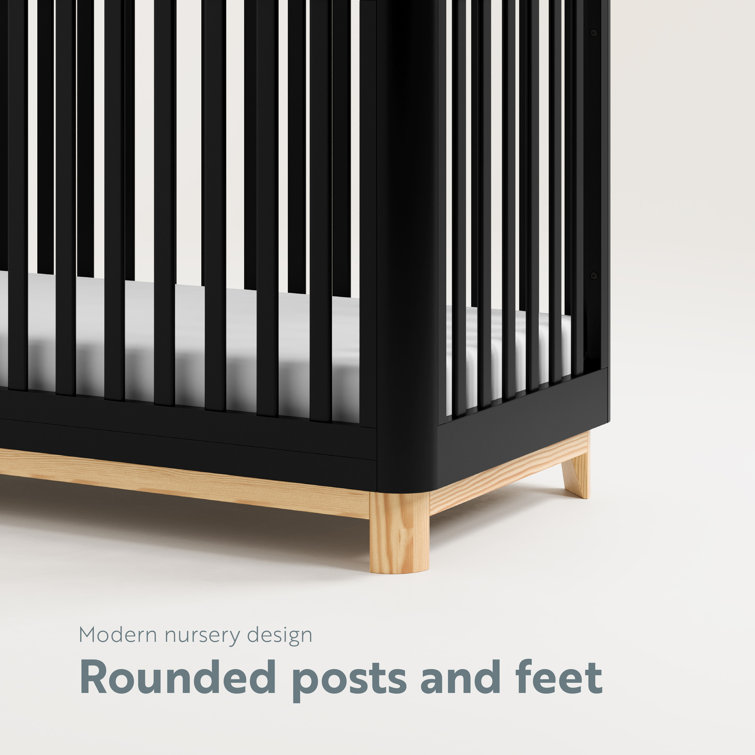 Black and Natural 3-in-1 Convertible Baby Crib with Rounded Posts