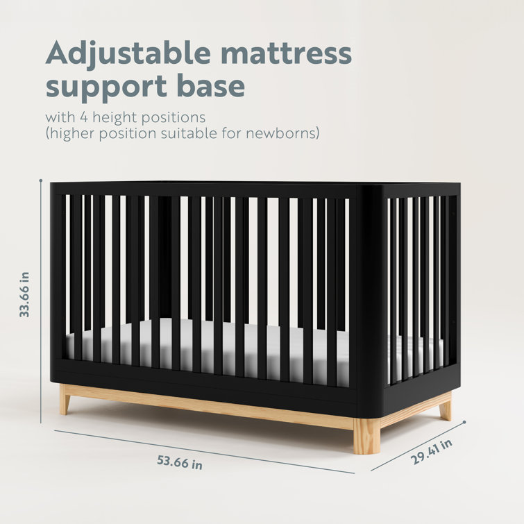 Black and Natural 3-in-1 Convertible Baby Crib with Rounded Posts