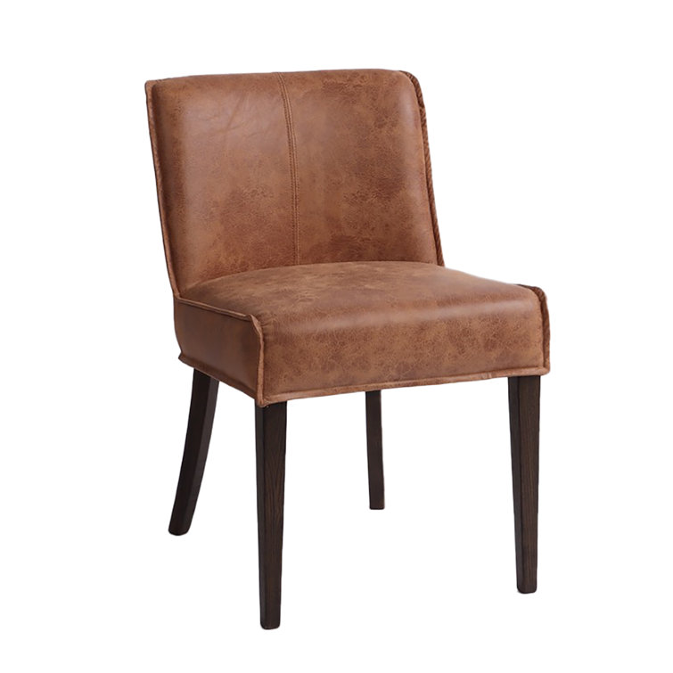 Vintage Tan Leather Upholstered Side Chair with Matte Brown Wood Legs
