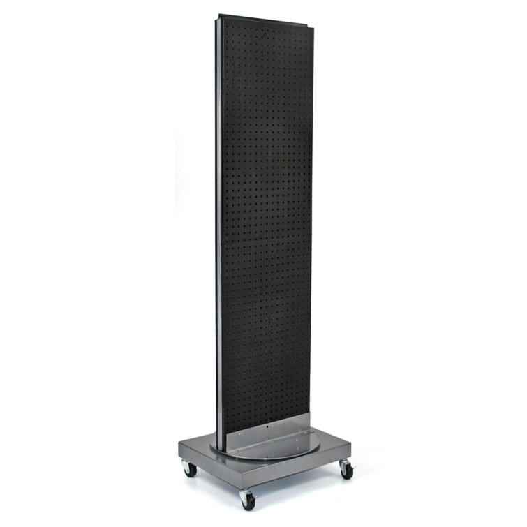 Black Two-Sided Pegboard Floor Display with Revolving Wheeled Base