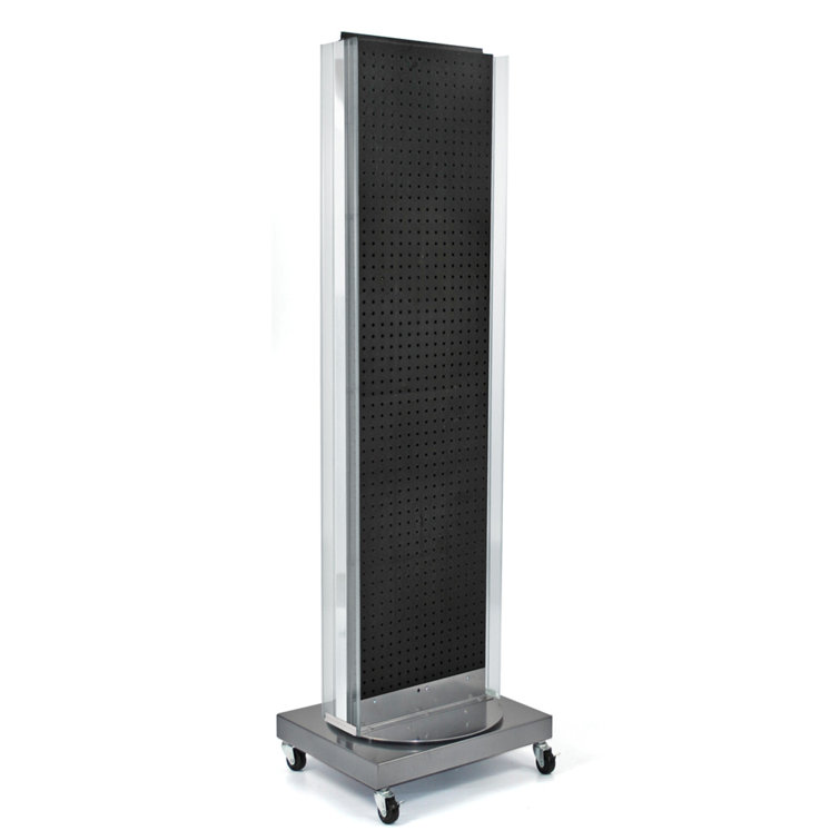 Black Two-Sided Pegboard Floor Display with Revolving Wheeled Base