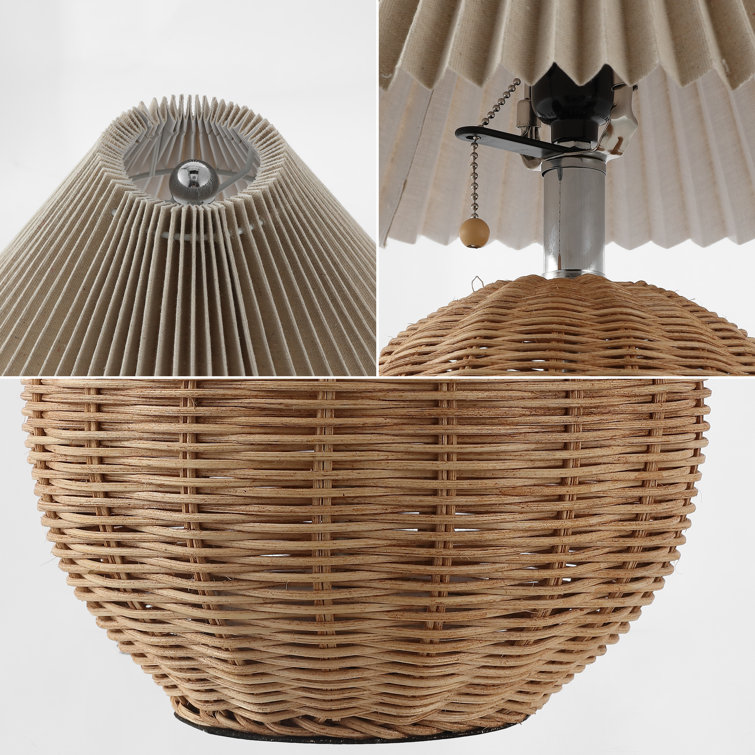 Natural Rattan Table Lamp with Dark Beige Linen Shade