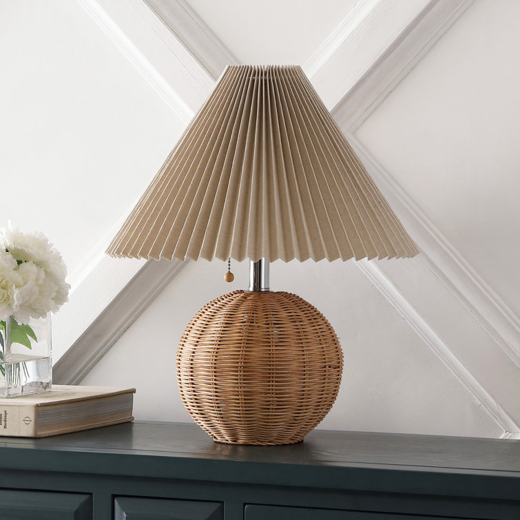 Natural Rattan Table Lamp with Dark Beige Linen Shade