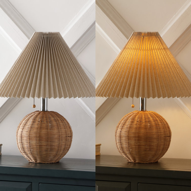 Natural Rattan Table Lamp with Dark Beige Linen Shade