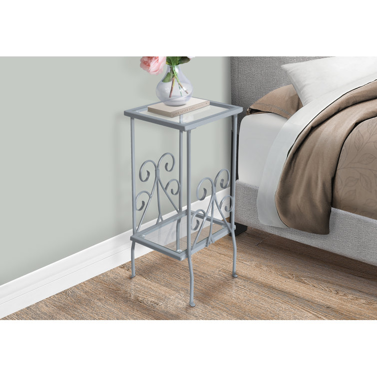 Gray Metal and Glass Scrollwork Accent Table