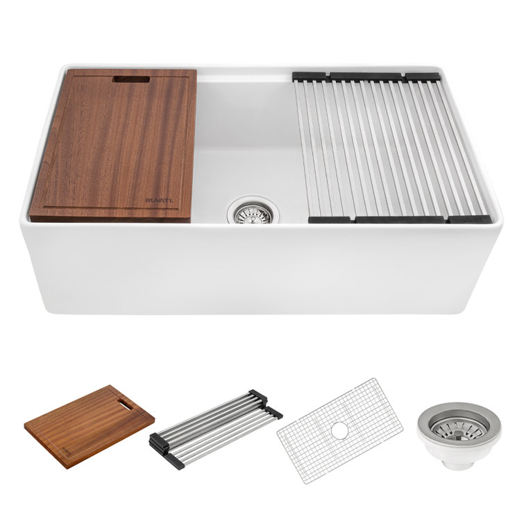 Ruvati 33" White Fireclay Farmhouse Workstation Kitchen Sink