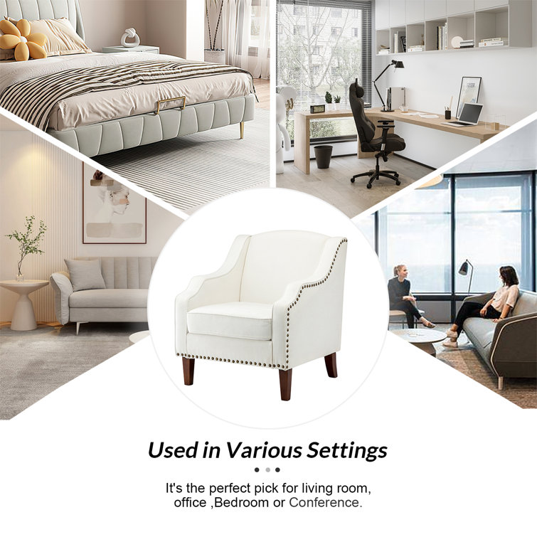 Ivory Polyester Nailhead Trim Armchair Set with Wood Legs