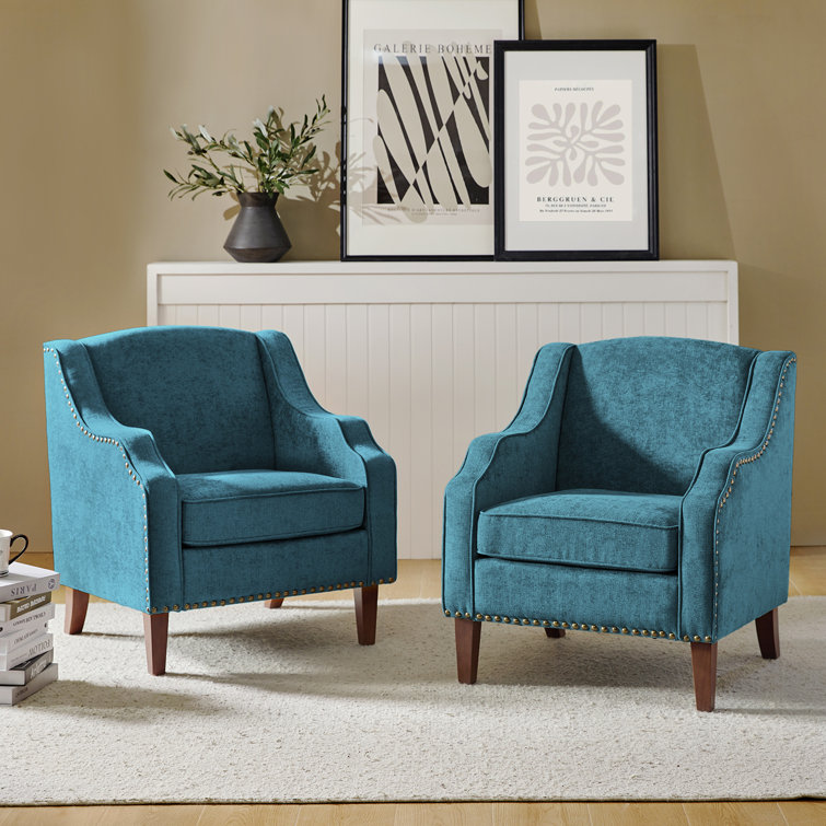 Blue Polyester Upholstered Armchairs with Nailhead Trim, Set of 2