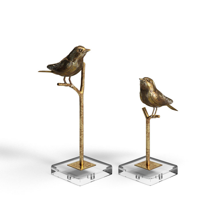 Antiqued Gold Bird Figurines on Crystal Base, Set of 2