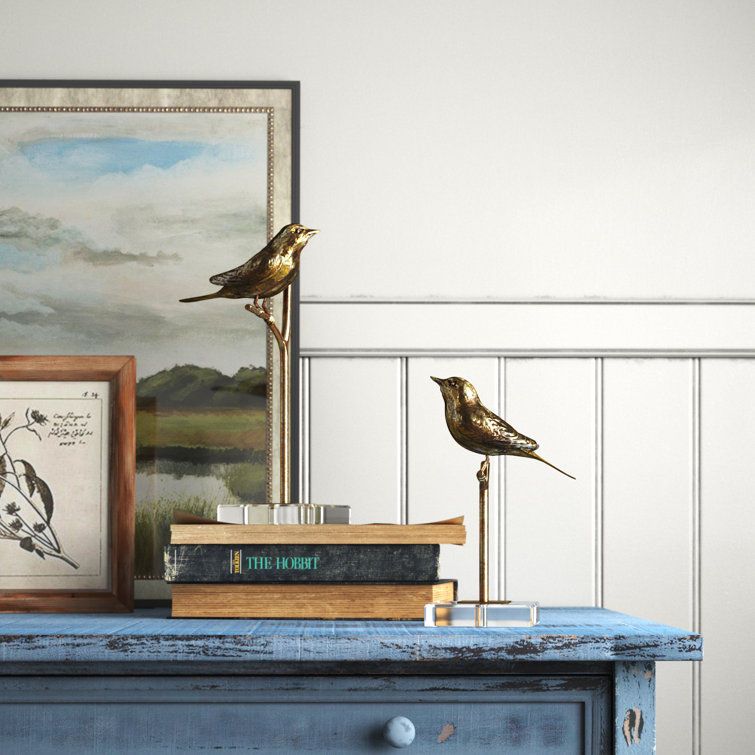Antiqued Gold Bird Figurines on Crystal Base, Set of 2