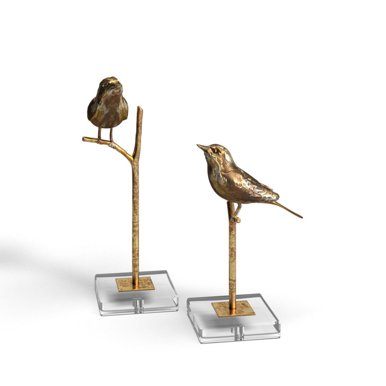 Antiqued Gold Bird Figurines on Crystal Base, Set of 2