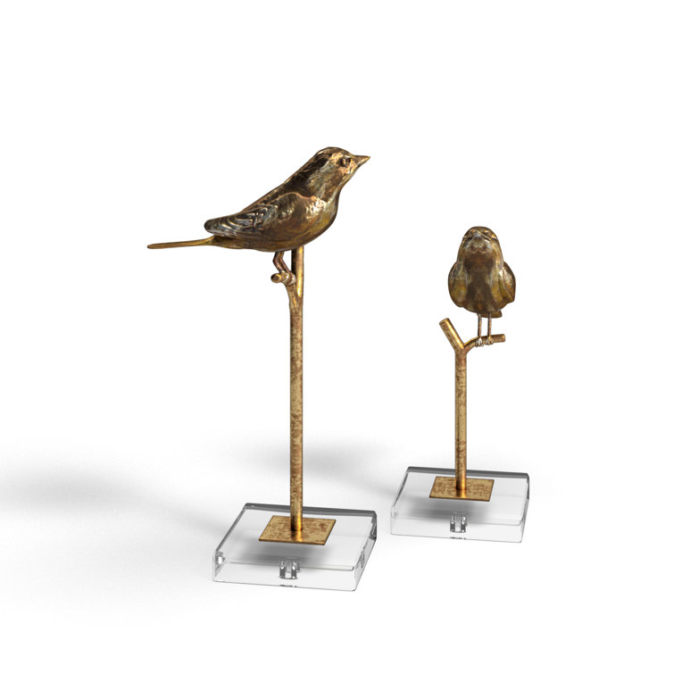 Antiqued Gold Bird Figurines on Crystal Base, Set of 2