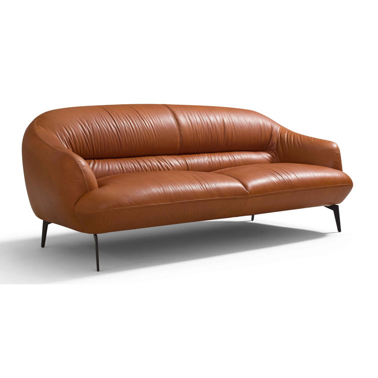 Cognac Leather Sloped Armrests 88'' Sofa with Metal Legs