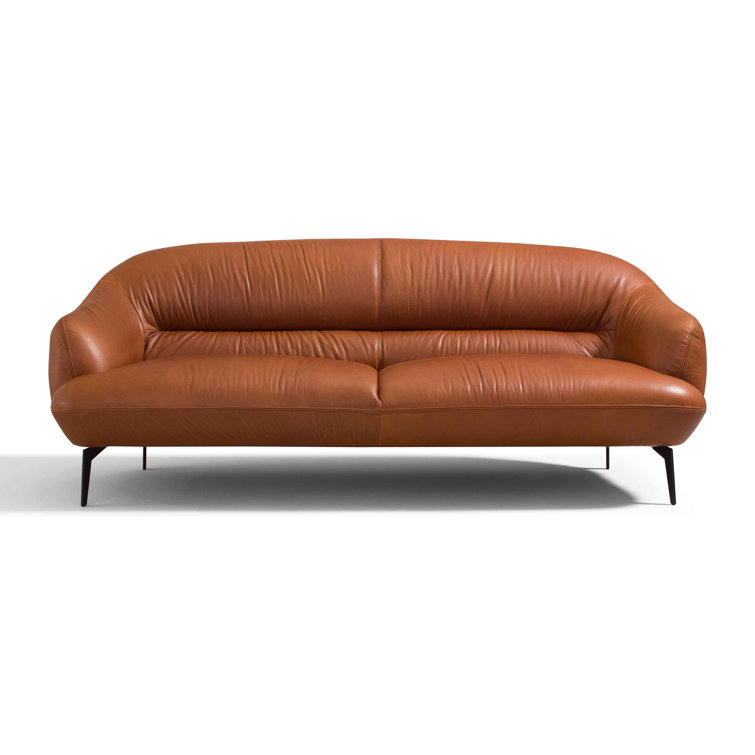 Cognac Leather Sloped Armrests 88'' Sofa with Metal Legs
