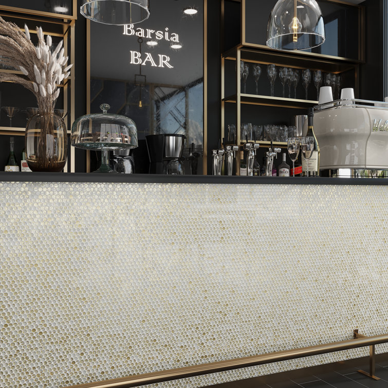 Majeste 12.2" White and Gold Glass Penny Round Mosaic Tile