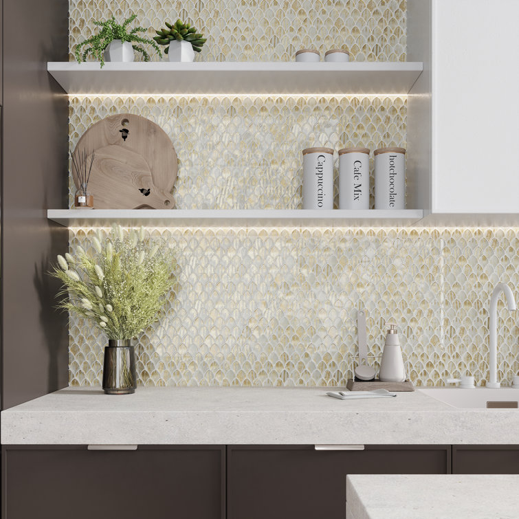Majeste Glossy Gold and White Glass Mosaic Wall and Floor Tile