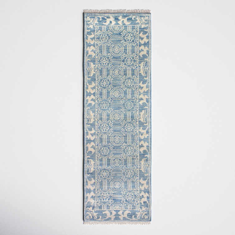 Hand-Knotted Denim Blue Wool Runner Rug, 2'6" x 8'0", Stain-Resistant