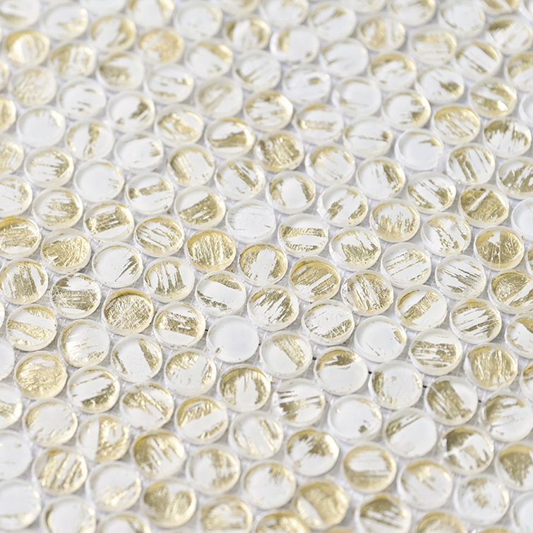 Majeste 12.2" White and Gold Glass Penny Round Mosaic Tile