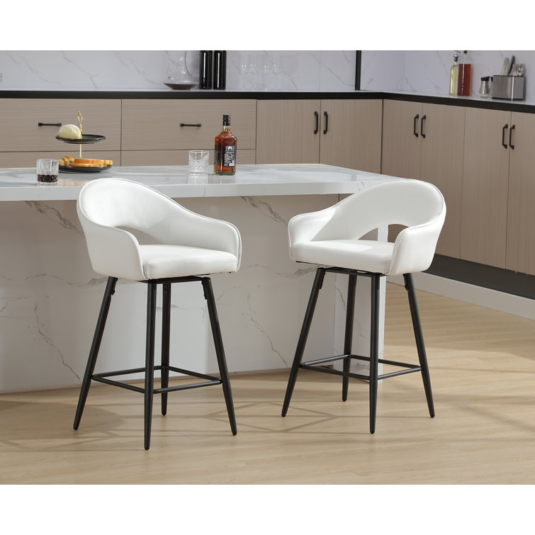 Cream Faux Leather Swivel Counter Stools with Iron Legs, Set of 2