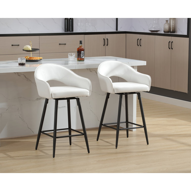 Cream Faux Leather Swivel Counter Stools with Iron Legs, Set of 2
