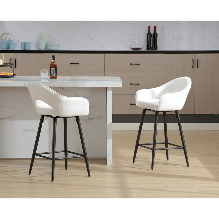 Cream Faux Leather Swivel Counter Stools with Iron Legs, Set of 2