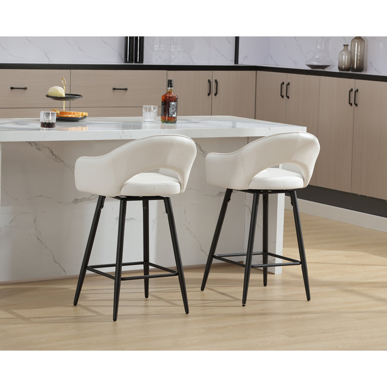 Cream Faux Leather Swivel Counter Stools with Iron Legs, Set of 2