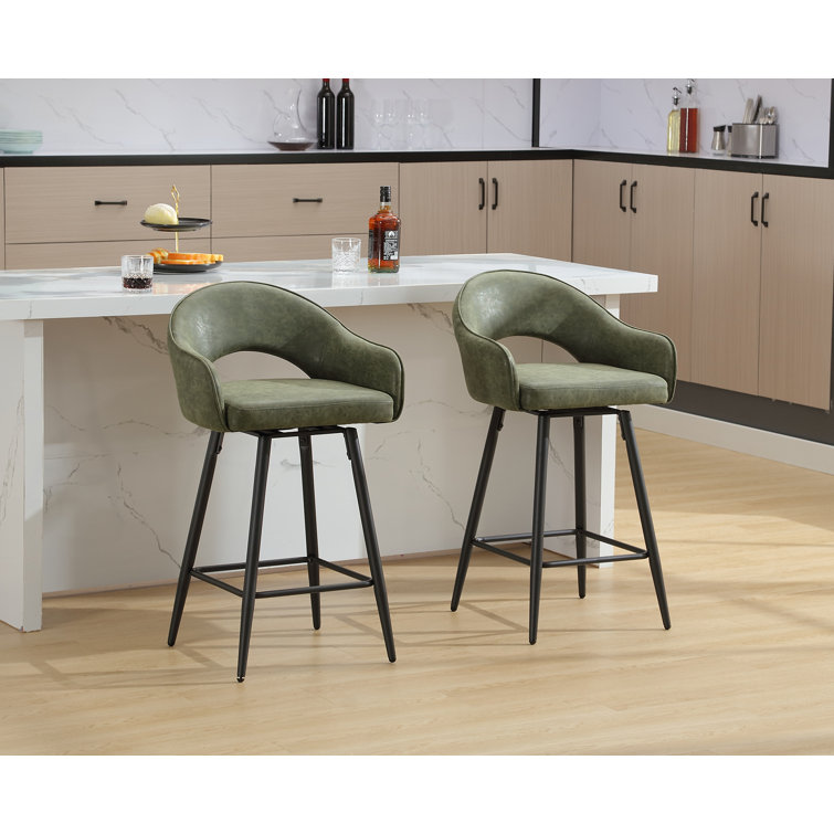 Green Faux Leather Swivel Counter Stools with Iron Legs, Set of 2
