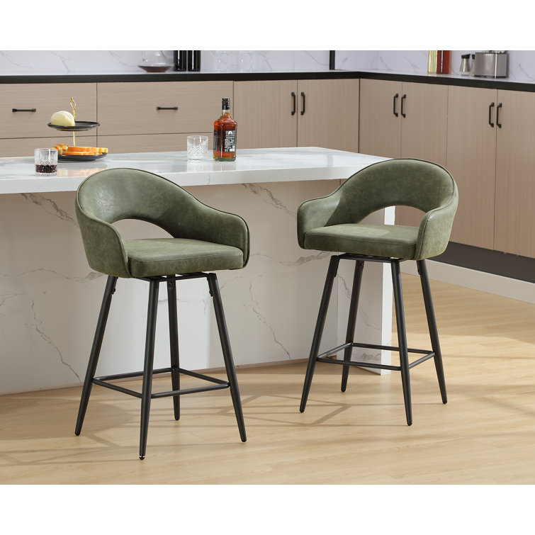 Green Faux Leather Swivel Counter Stools with Iron Legs, Set of 2