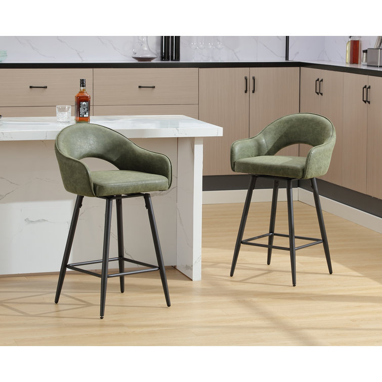 Green Faux Leather Swivel Counter Stools with Iron Legs, Set of 2