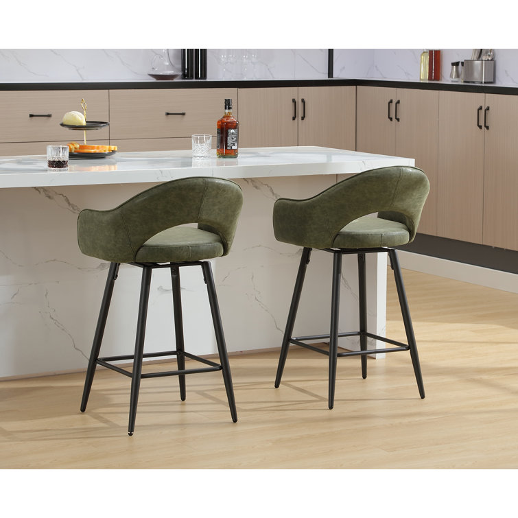 Green Faux Leather Swivel Counter Stools with Iron Legs, Set of 2