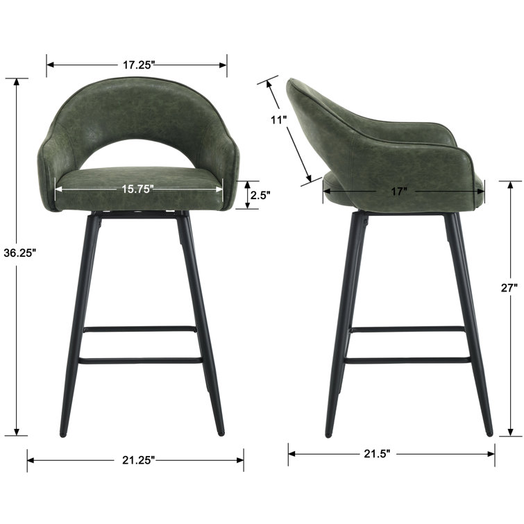 Green Faux Leather Swivel Counter Stools with Iron Legs, Set of 2
