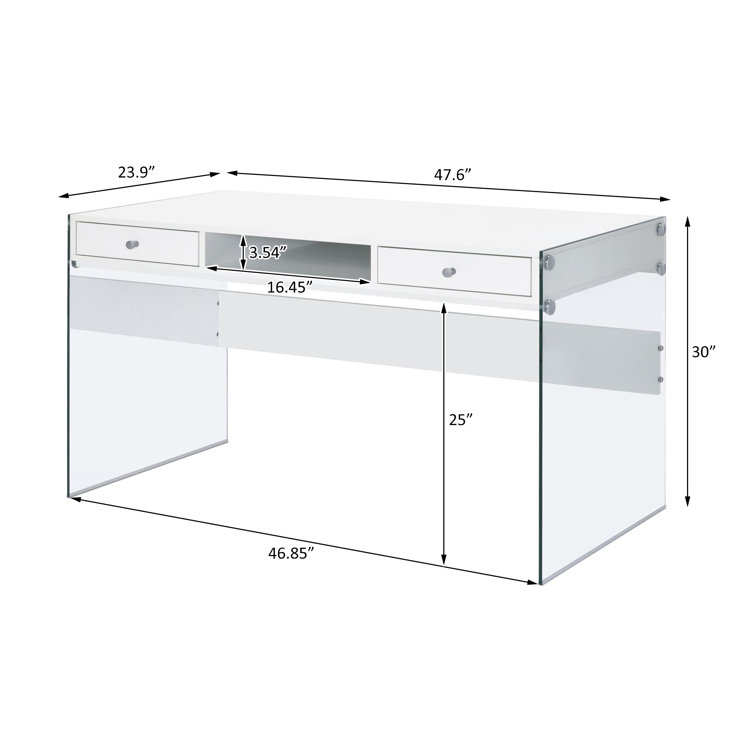 Contemporary Glossy White Home Office Desk with Tempered Glass Supports